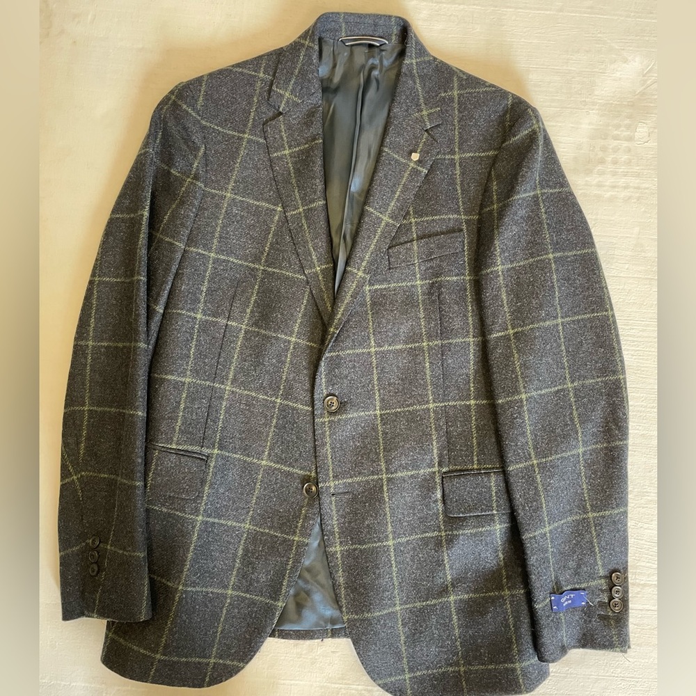 GANT Tailored Fit Windowpane Check Wool Tweed Flannel Jacket Size 42 R